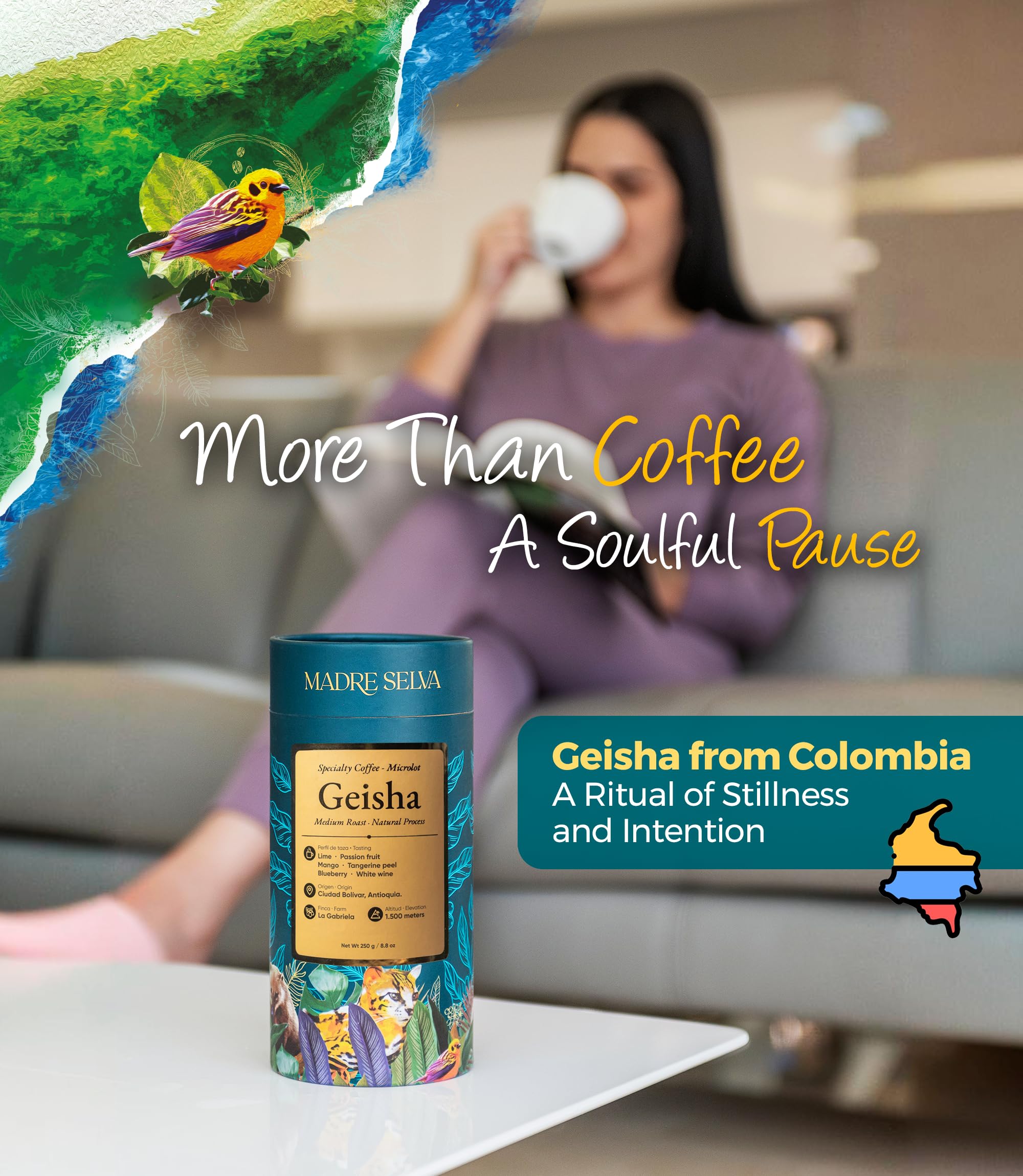MADRE SELVA close-up whole beans highlighting texture and aromatic oils