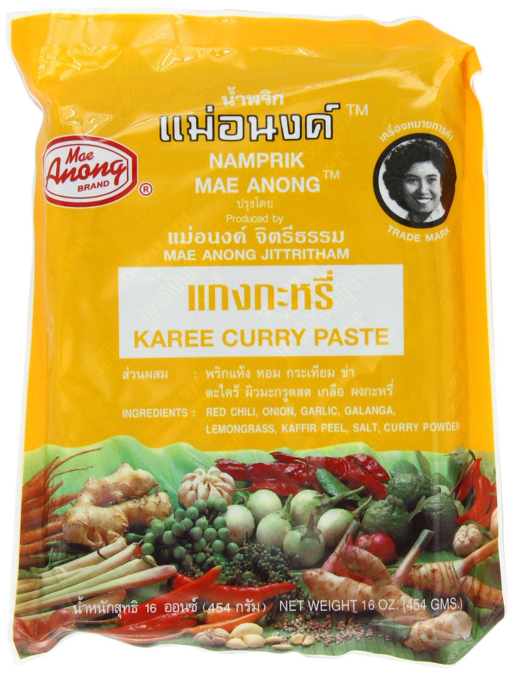 Mae Anong front label of 16-ounce karee curry paste showing product identity and convenience
