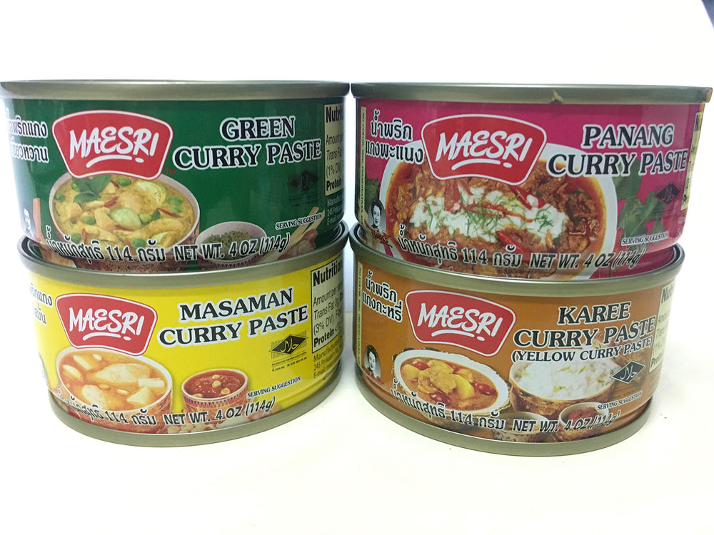 MAESRI front packaging showing four curry paste cans and clear brand