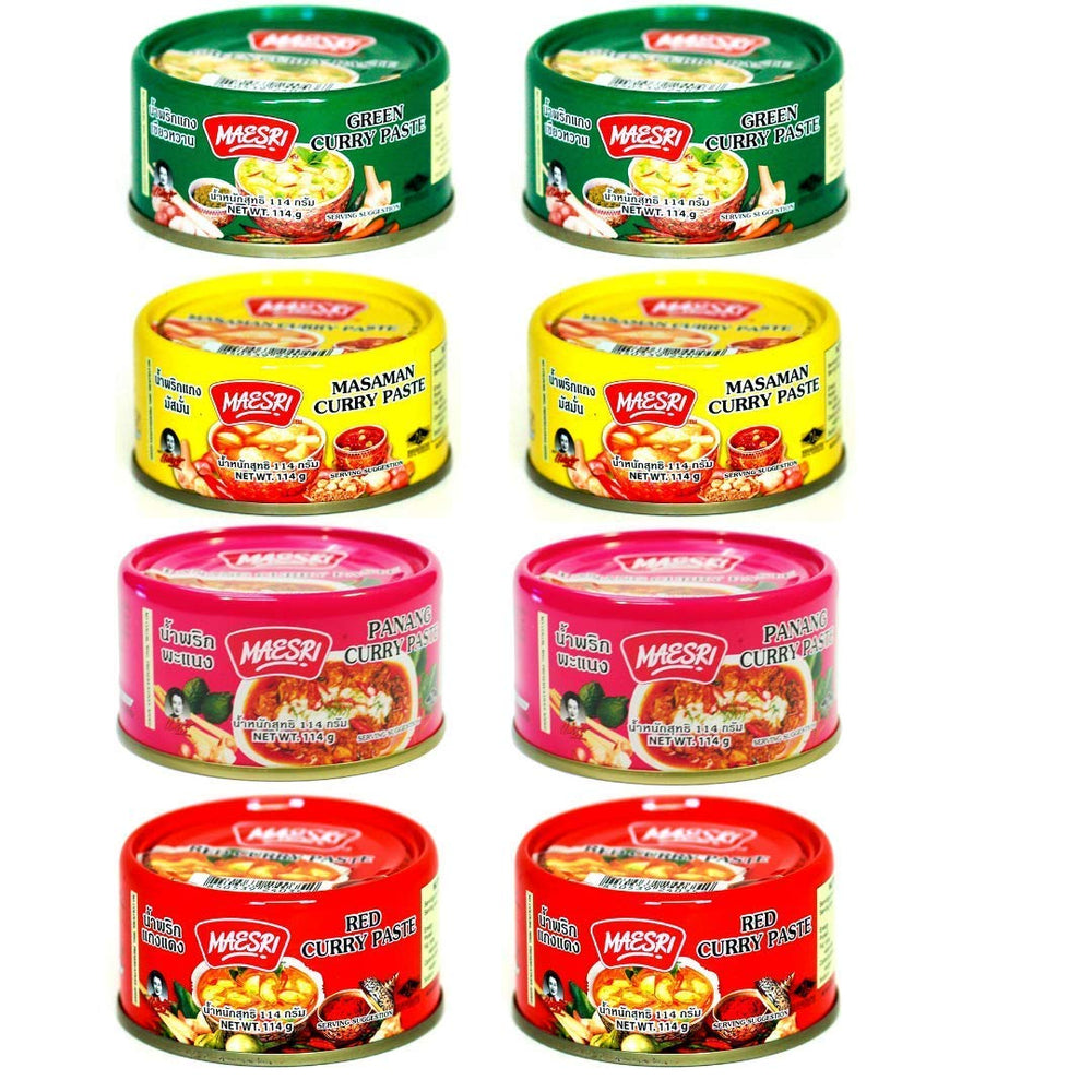 MAESRI front packaging showing all four curry paste varieties for pantry convenience