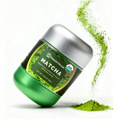 Maestri House front tin showing organic ceremonial matcha packaging and purity benefit