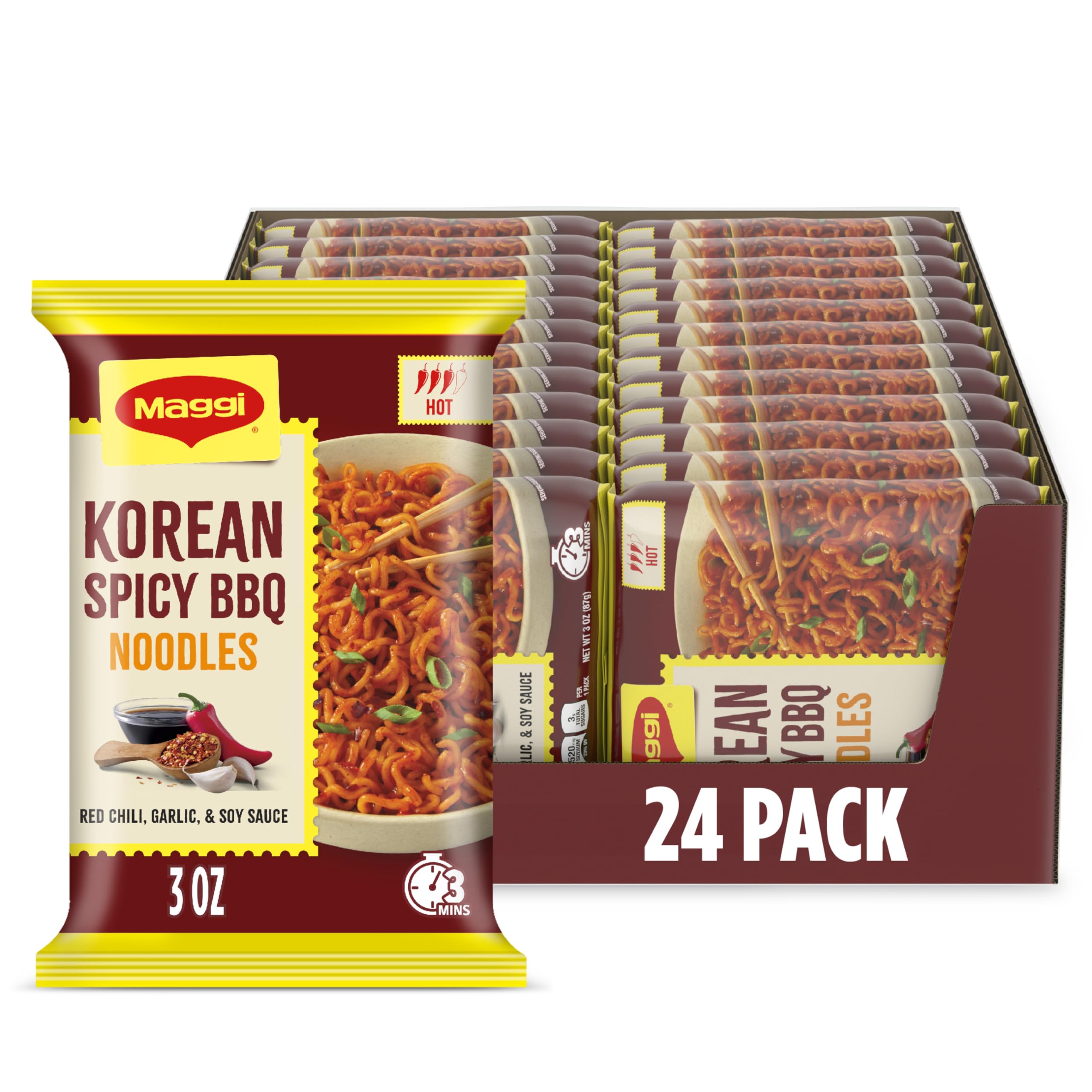 Maggi front packaging 24-pack showing value and spicy BBQ flavor