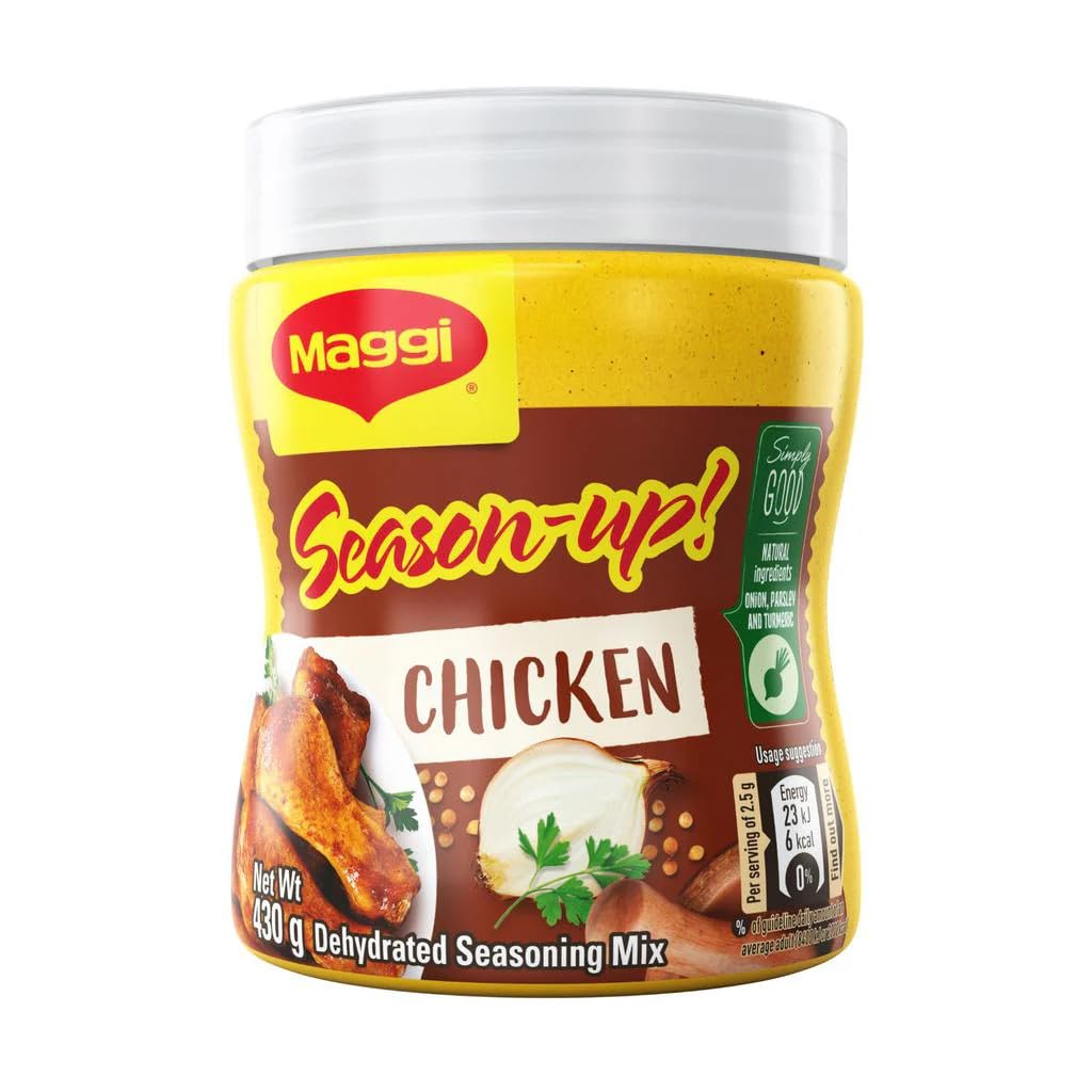 Maggi front packaging showing label and family-size jar for consistent seasoning