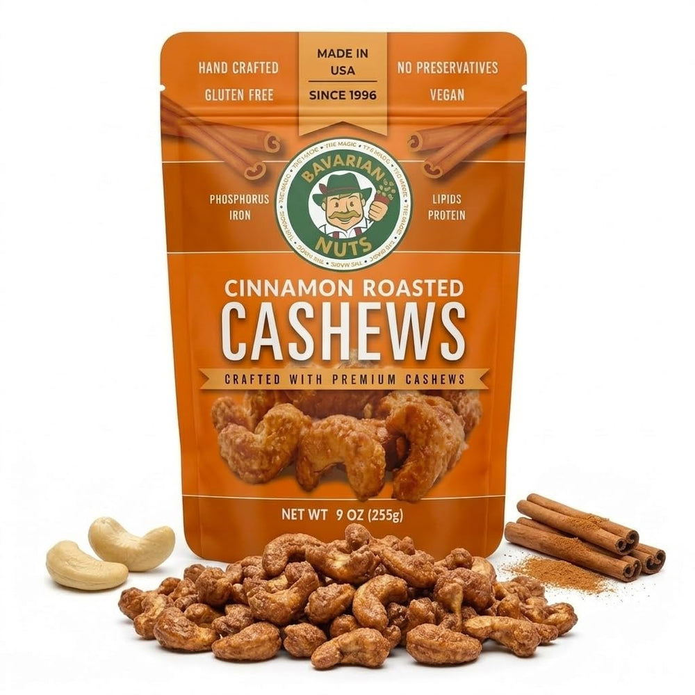 The Magic Bavarian Nuts front packaging showing 9 oz bag and brand logo benefits convenience