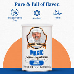 Magic Seasoning Blends Meat Magic open tub showing coarse texture and scoopable mix
