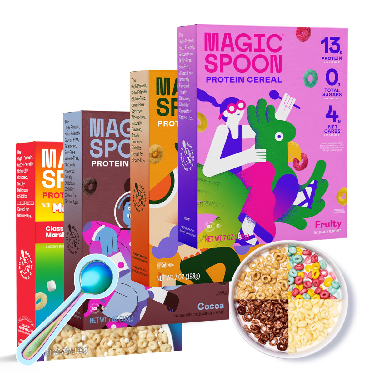 Magic Spoon front packaging showing variety four pack and convenience