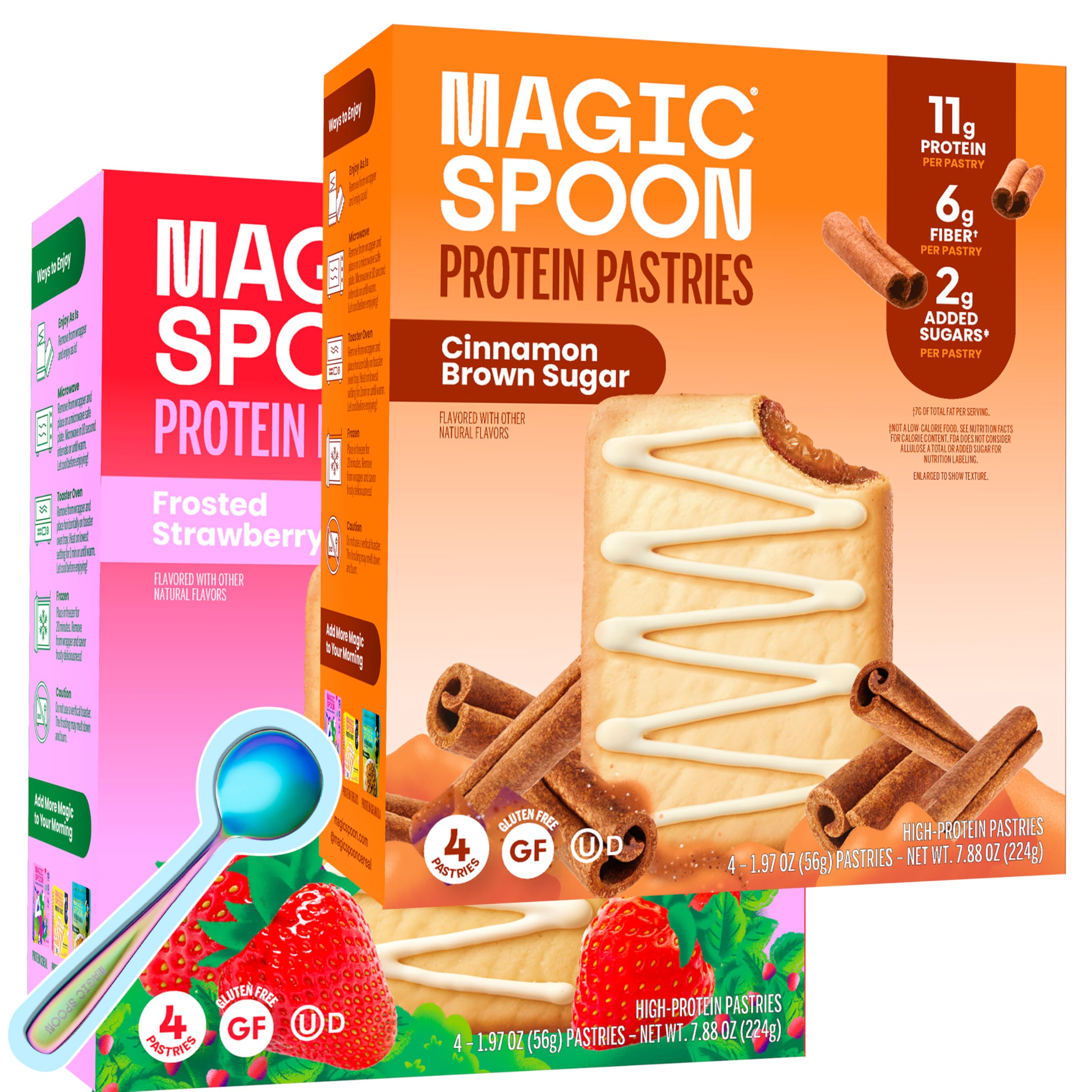 Magic Spoon front packaging showing strawberry and cinnamon flavors and protein benefit