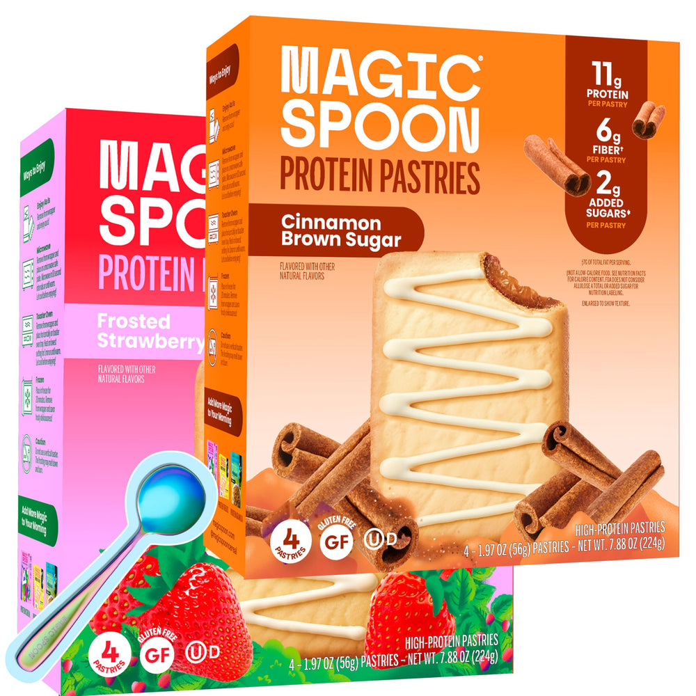 Magic Spoon front packaging showing strawberry and cinnamon flavors and protein benefit