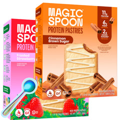 Magic Spoon front packaging showing strawberry and cinnamon flavors and protein benefit