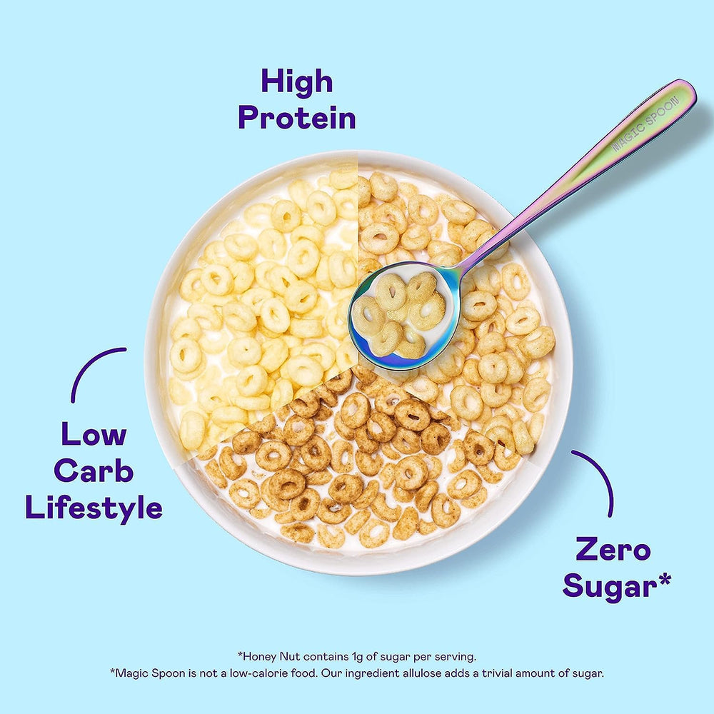 Breakfast table scene with Magic Spoon fruity cereal and morning energy