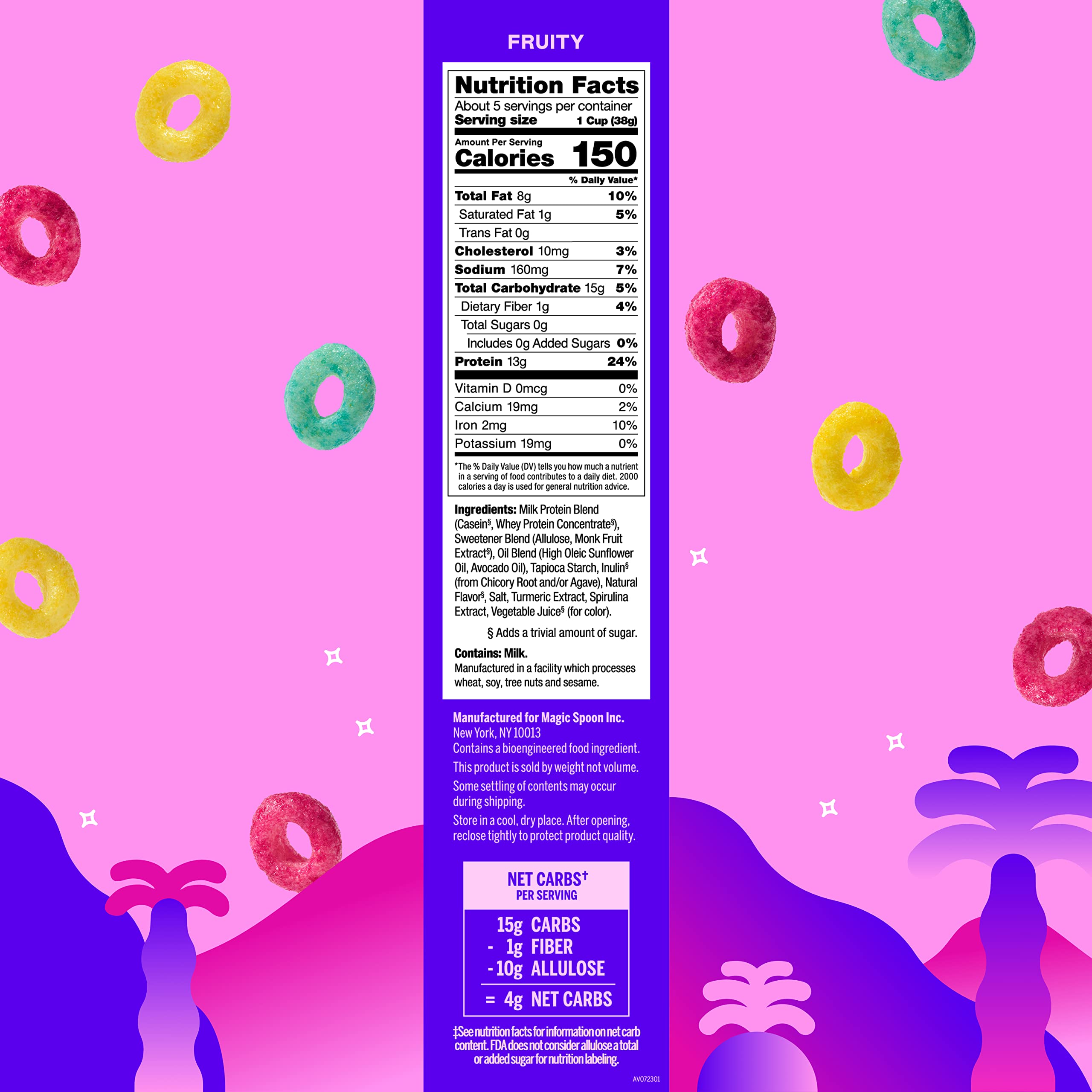Pouring milk over Magic Spoon fruity cereal showing lasting crunch