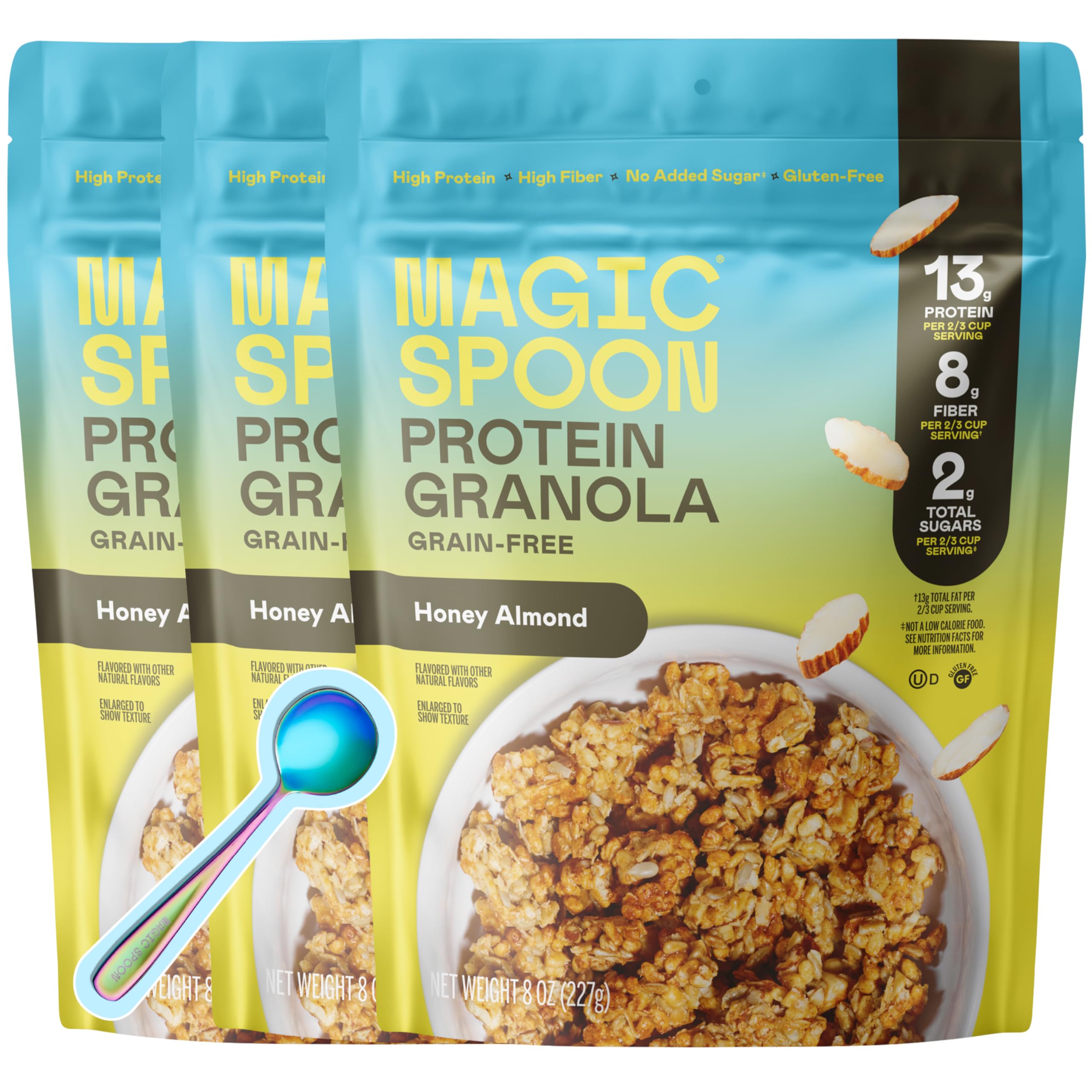 Magic Spoon front packaging showing Honey Almond three-pack and nutritional highlights for pantry appeal