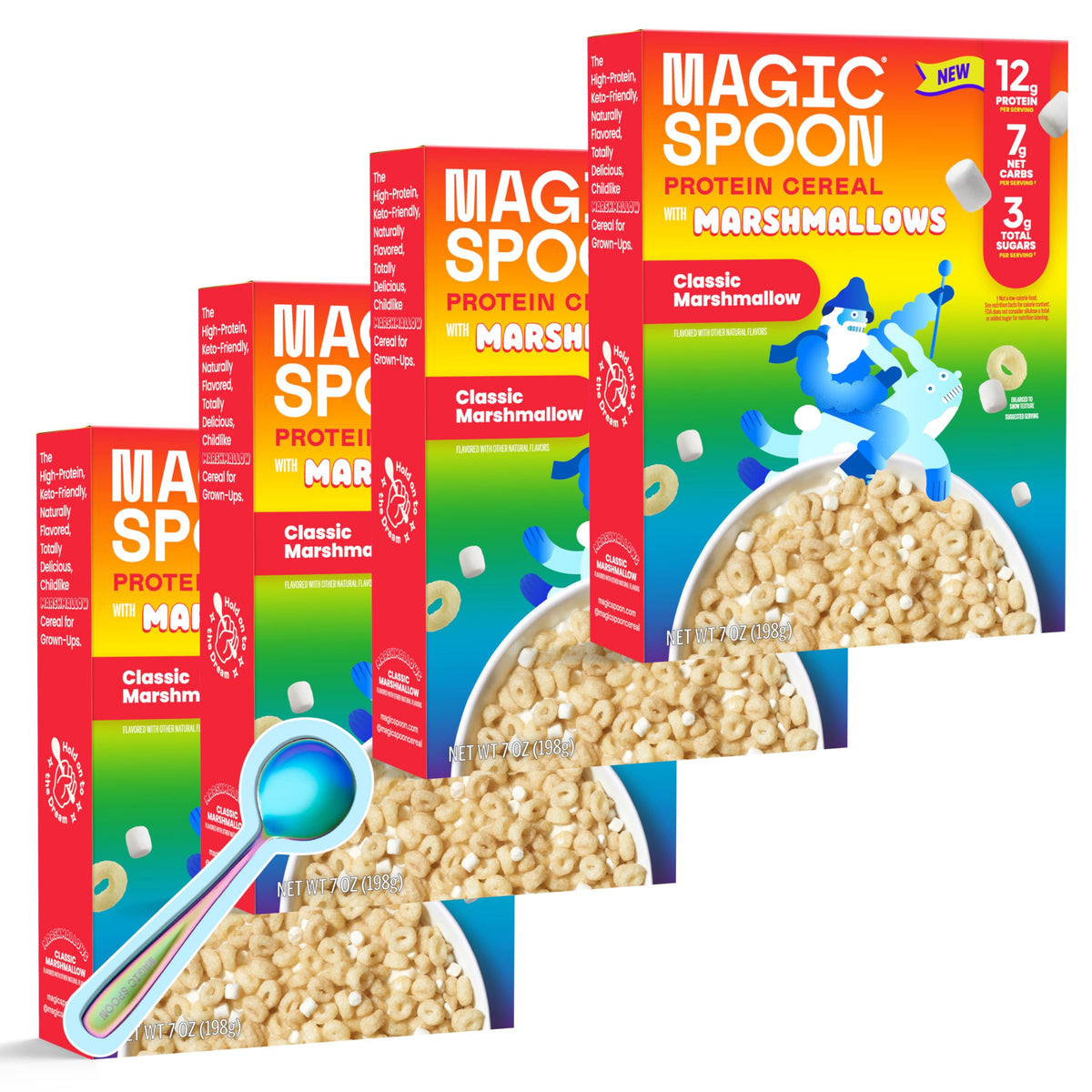 Magic Spoon box front view showing Classic Marshmallow branding and nutritious benefits