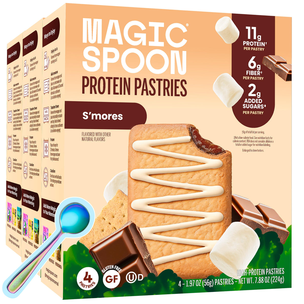 Magic Spoon front packaging showing S'mores pastries and snack convenience