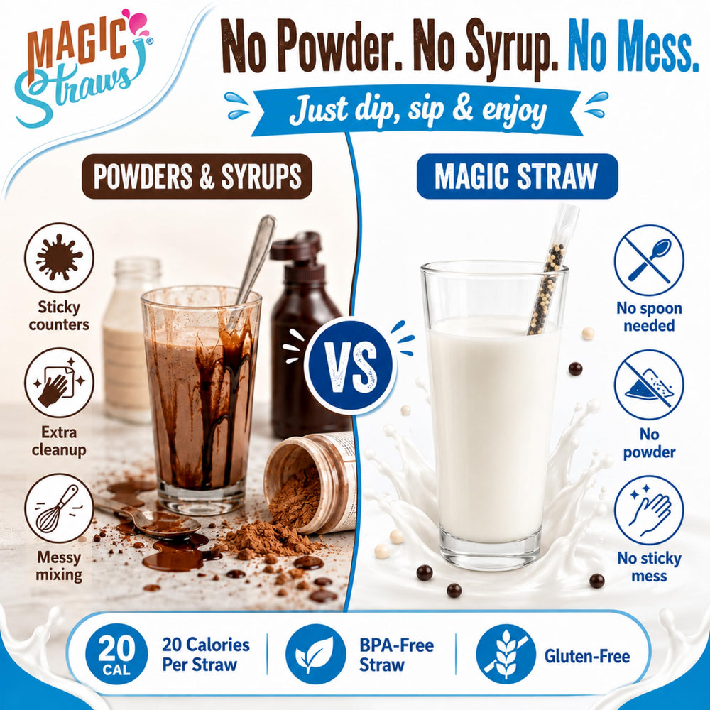 Magic Straws variety straws laid near cookies and fruit showing serving idea