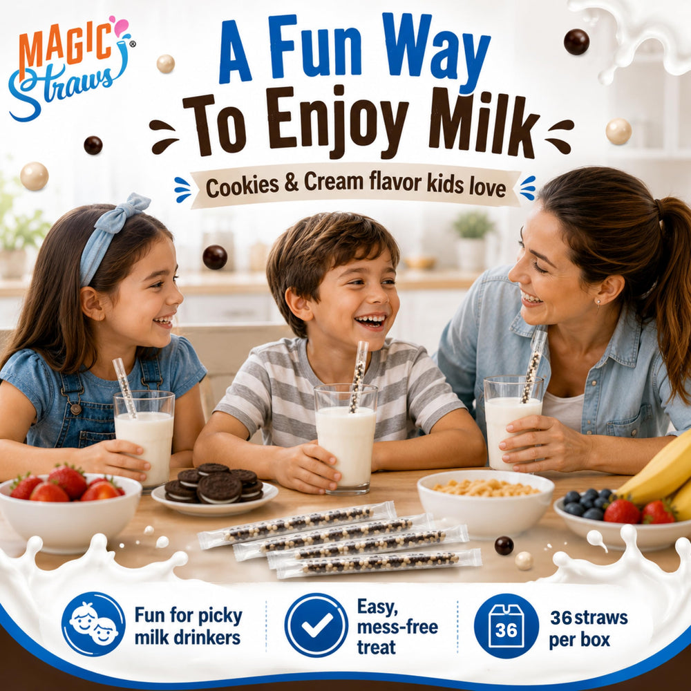 Magic Straws child drinking milk through straw smiling showing acceptance