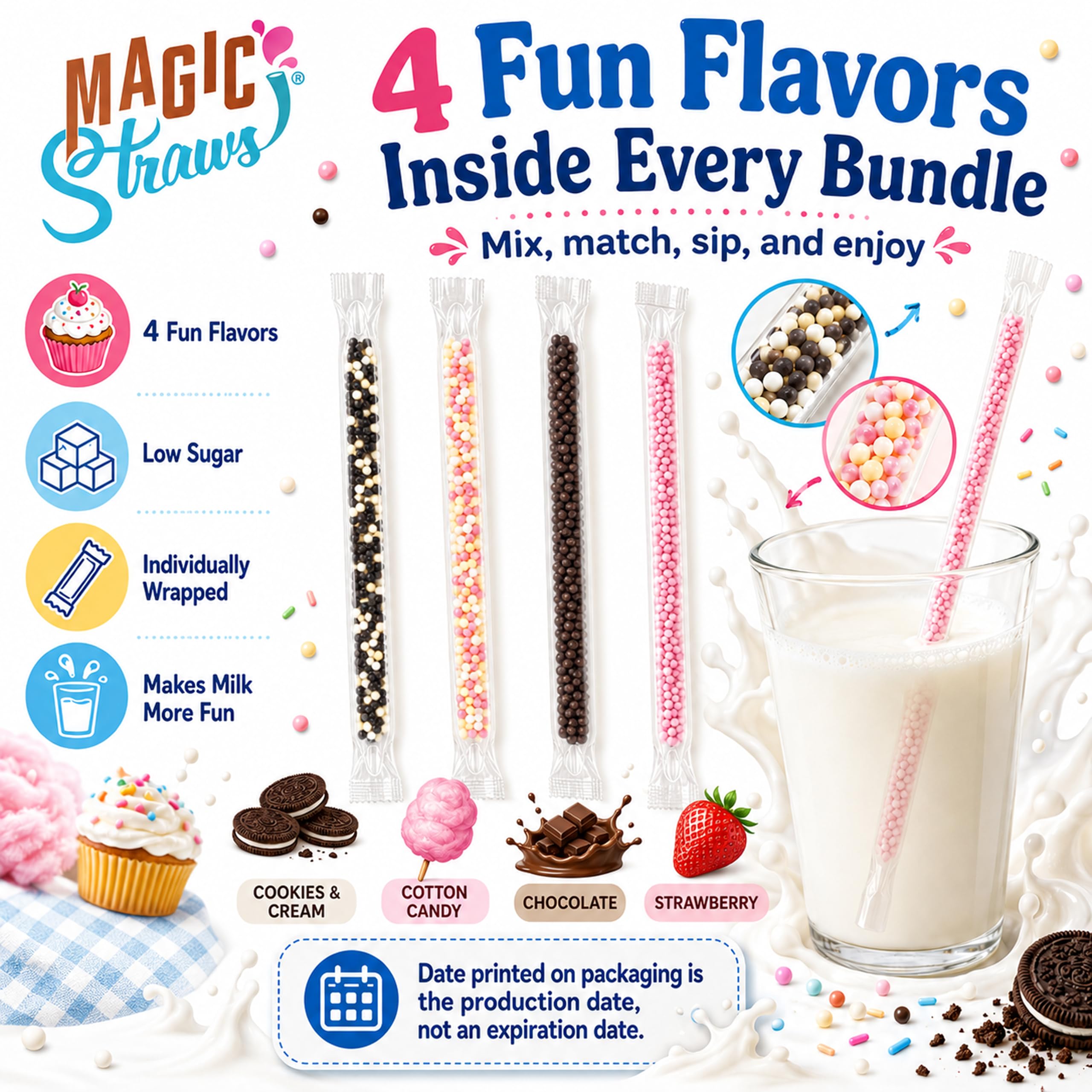 Magic Straws nutrition label and manufacturing date displayed clearly