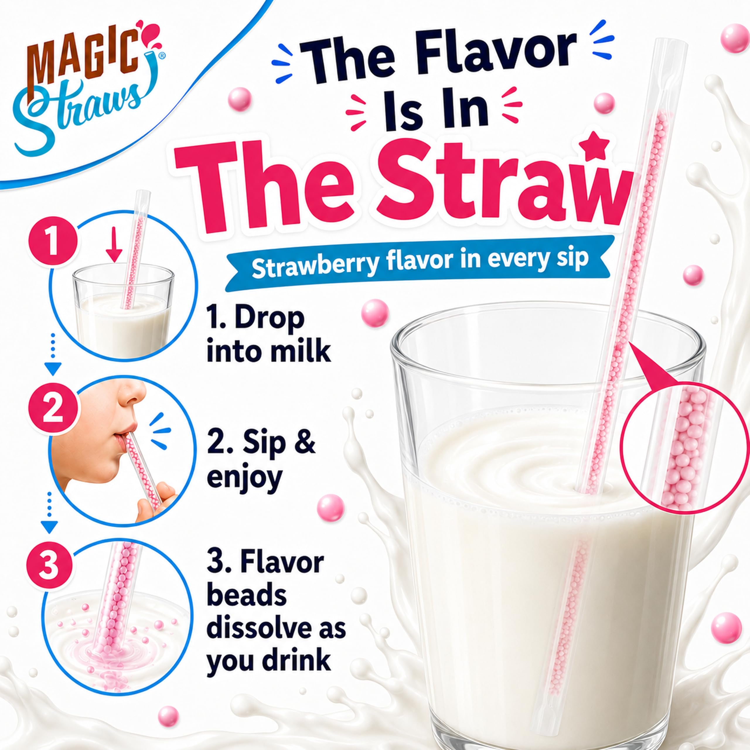 Magic Straws straw inserted in glass of milk showing immediate flavoring