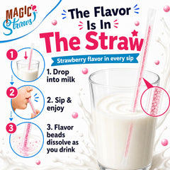 Magic Straws straw inserted in glass of milk showing immediate flavoring