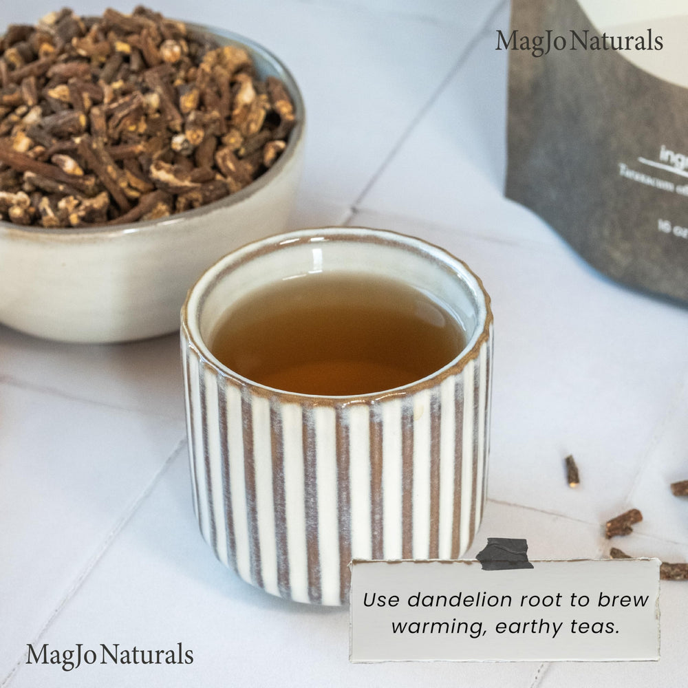 Cup of brewed MagJo dandelion root tea showing soothing amber color and aroma