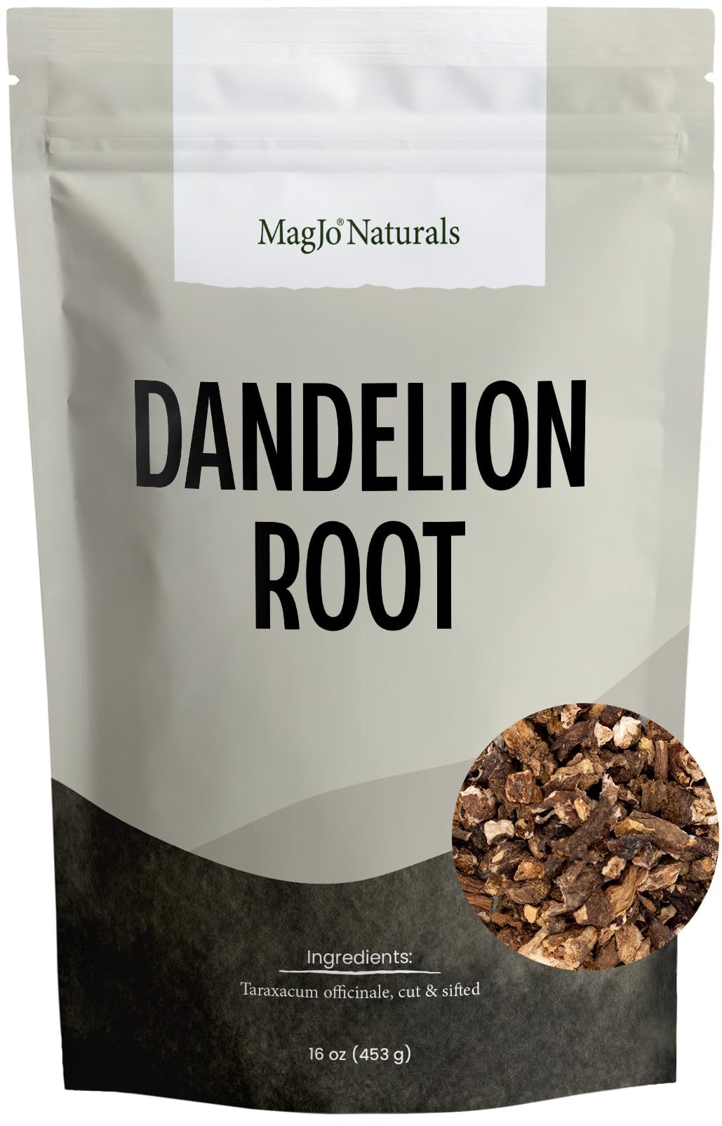MagJo pouch front showing dandelion root and resealable pouch benefit