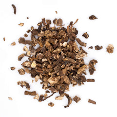 MagJo loose dandelion root spilling from pouch with visible cut pieces for easy brewing