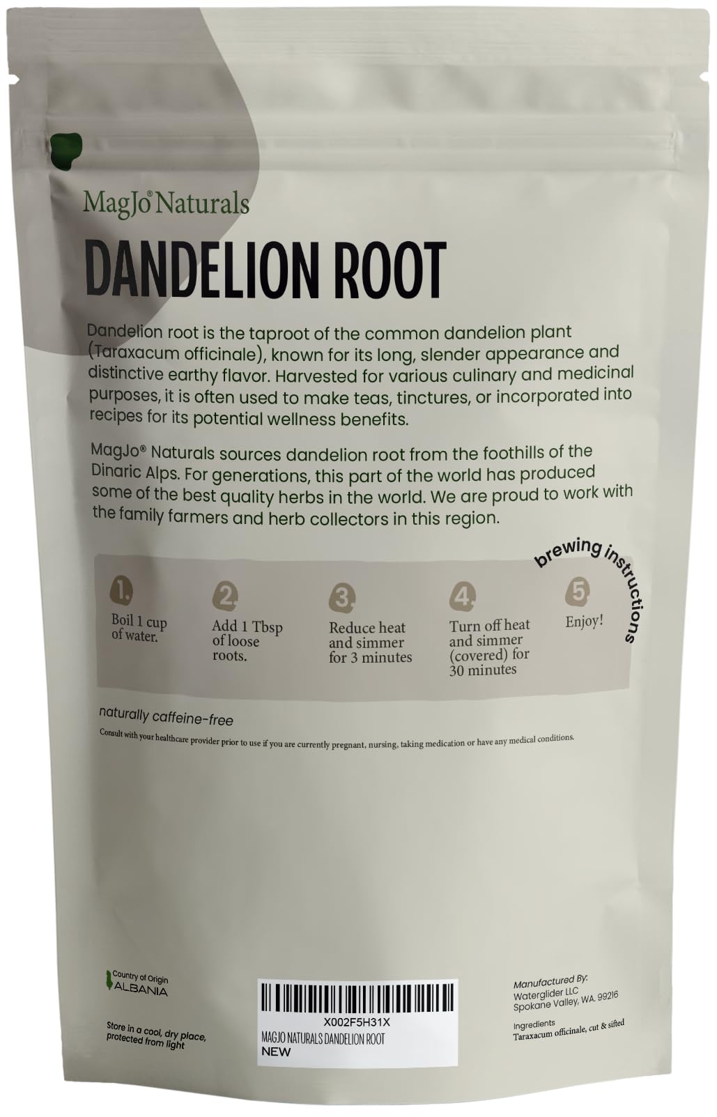 Hand holding MagJo dandelion root pieces to show scale and generous 16 oz supply