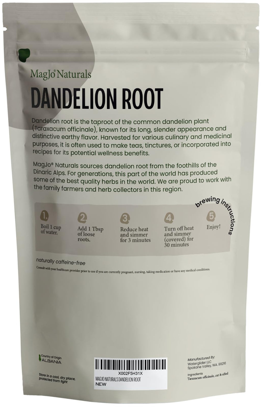 Hand holding MagJo dandelion root pieces to show scale and generous 16 oz supply