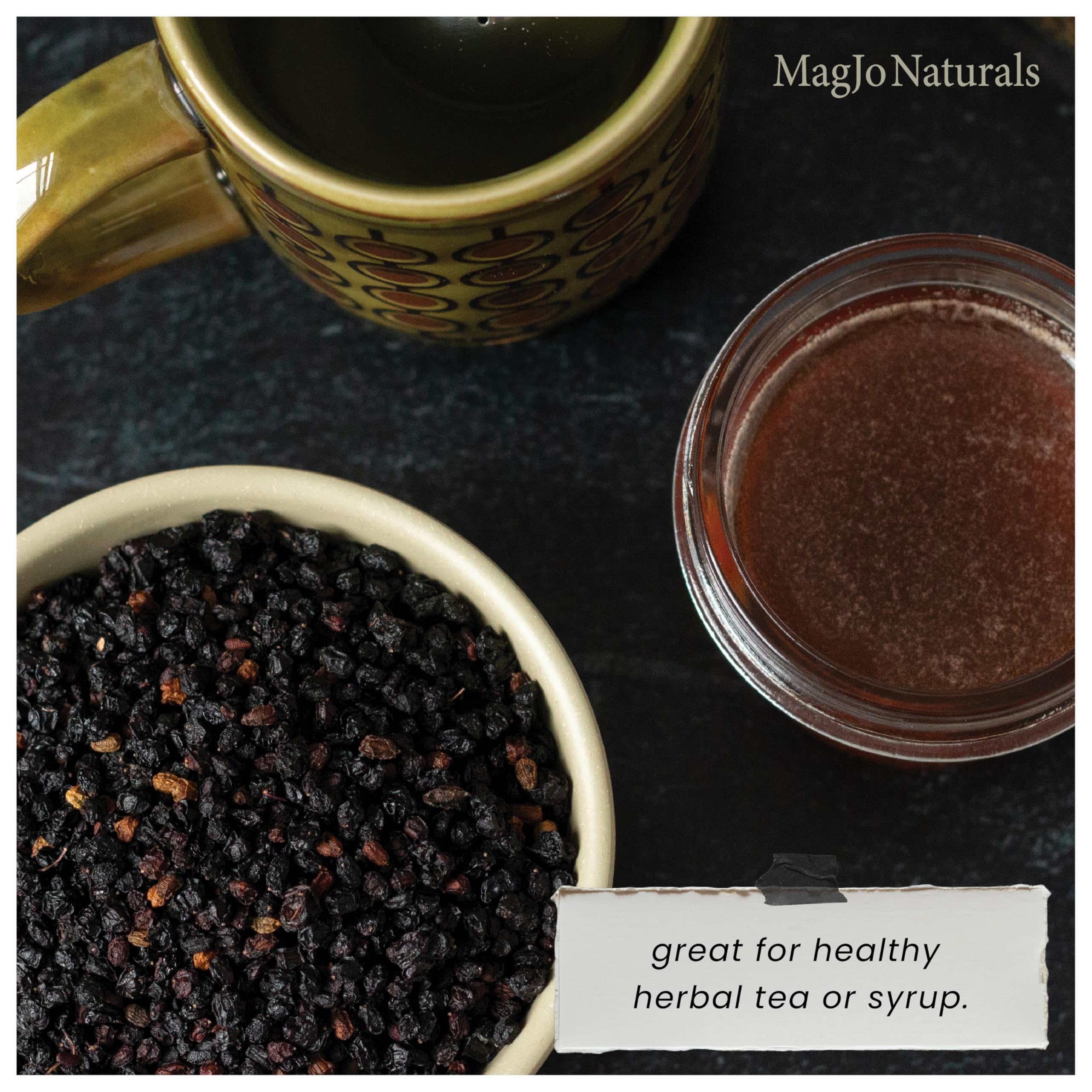 MagJo elderberry syrup bottle made from dried berries for easy pouring