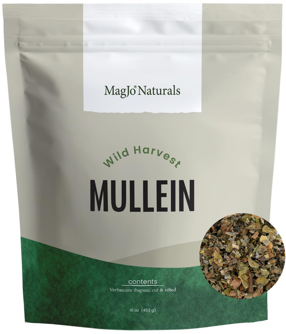 MagJo front packaging showing 16 oz mullein leaf, clear and reassuring