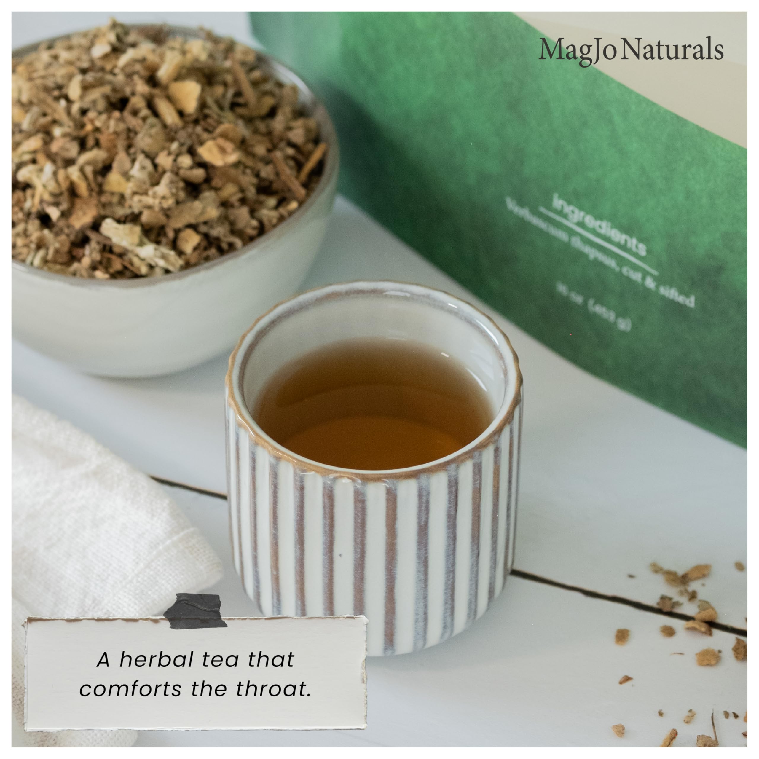 MagJo mullein in a mesh tea strainer, demonstrating easy preparation