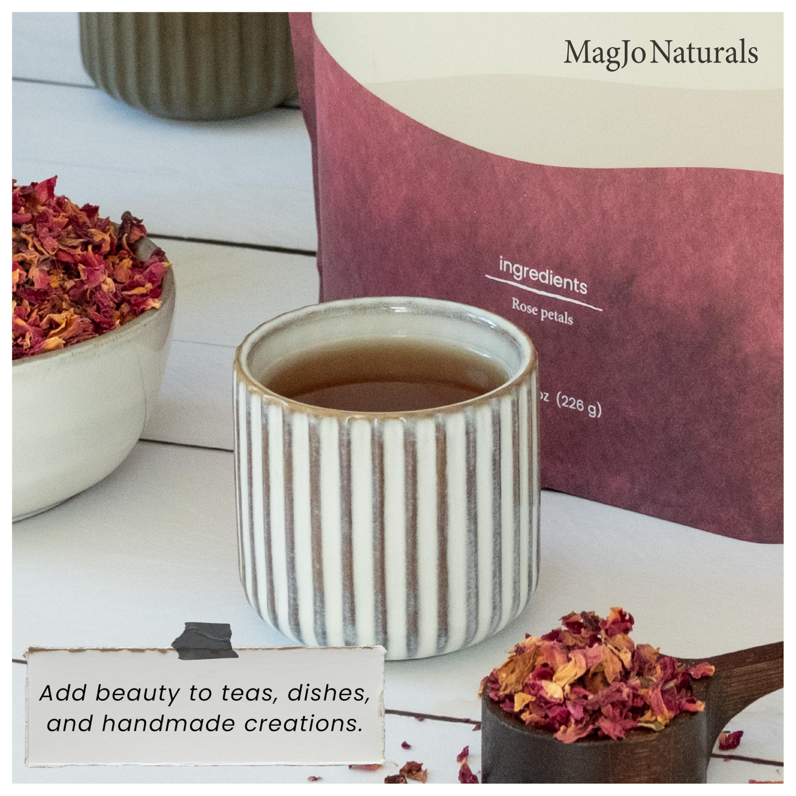 MagJo petals steeping in teacup showing gentle infusion and aromatic benefit