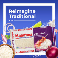 Mahatma close-up of jasmine rice grains highlighting fine texture and aroma benefit