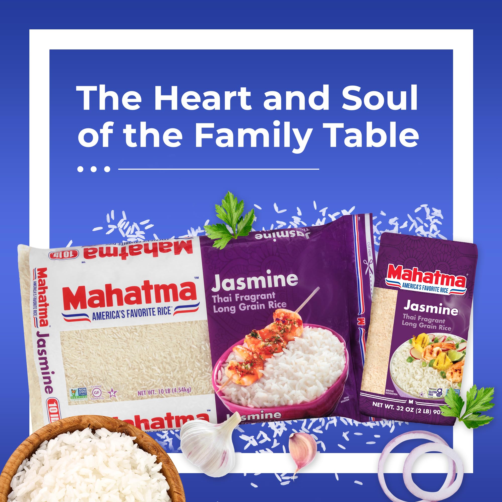 Mahatma family meal scene with jasmine rice highlighting crowd-pleasing benefit