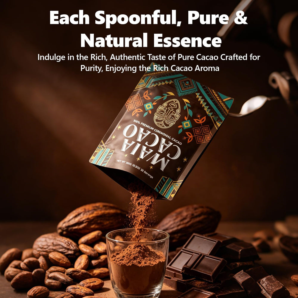 MAIA CACAO used in baking flatlay with flour and eggs illustrating versatile culinary use