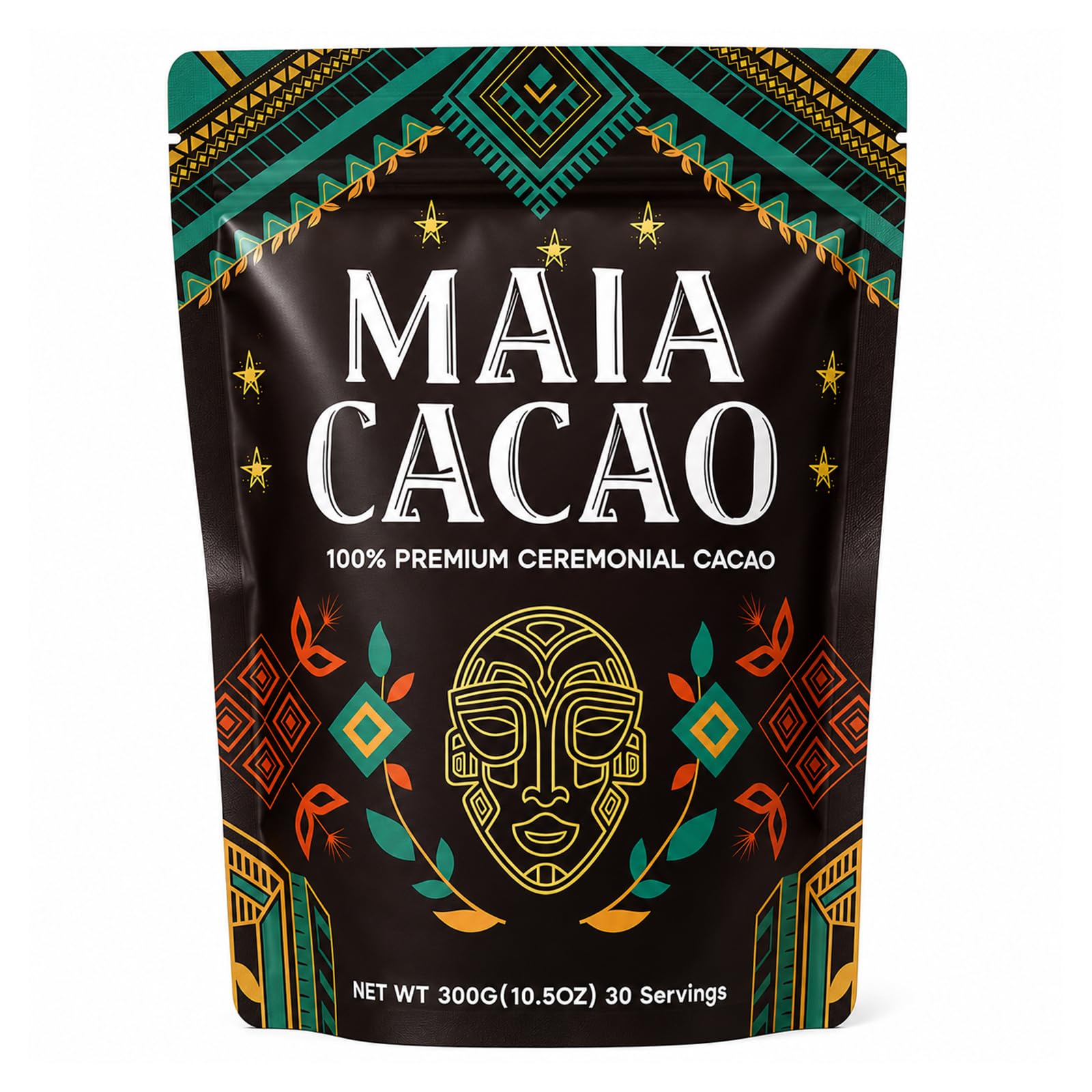 MAIA CACAO front packaging showing organic 300g pouch and clean branding for freshness