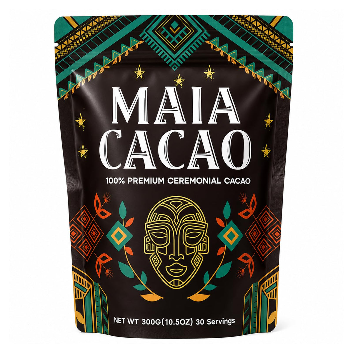 MAIA CACAO front packaging showing organic 300g pouch and clean branding for freshness