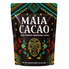 MAIA CACAO front packaging showing organic 300g pouch and clean branding for freshness