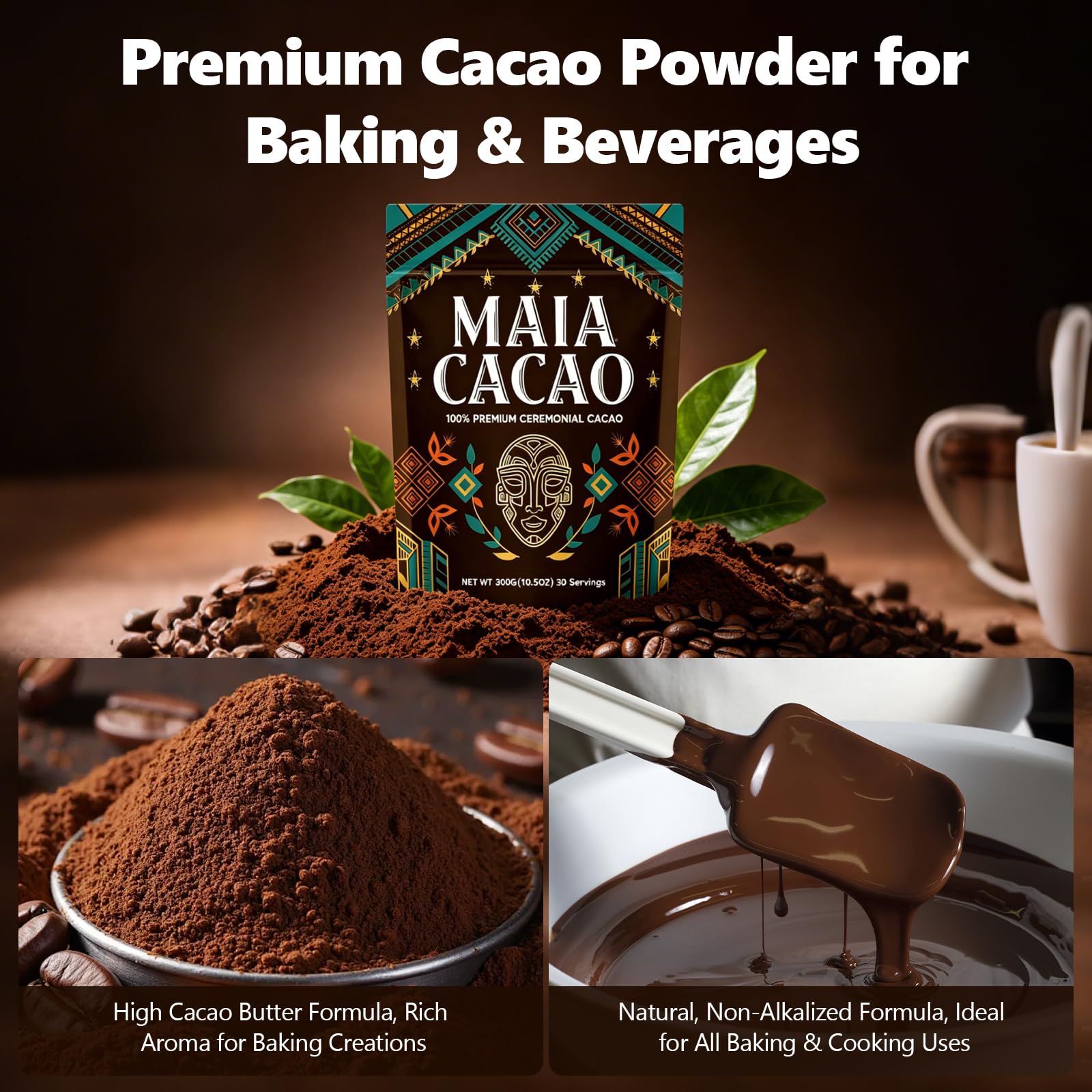 MAIA CACAO product label and certifications highlighting organic, non-GMO and vegan benefit