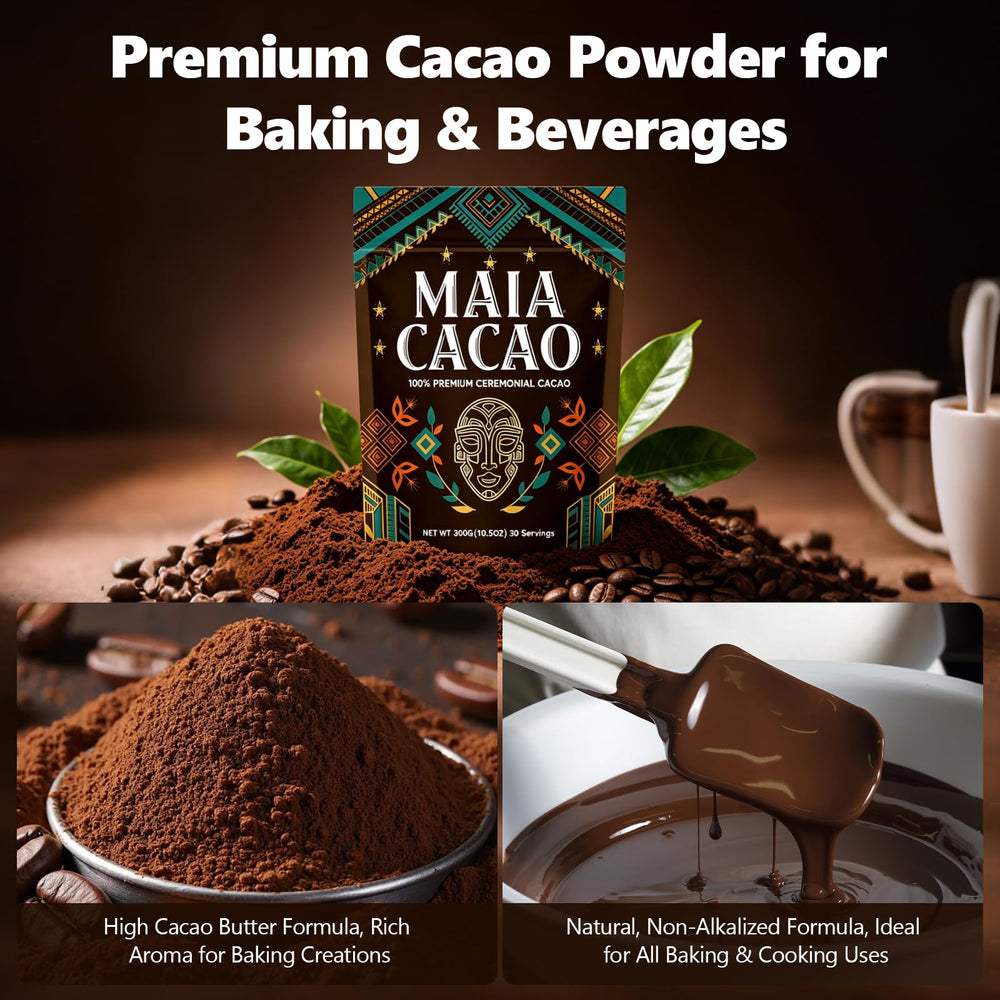MAIA CACAO product label and certifications highlighting organic, non-GMO and vegan benefit