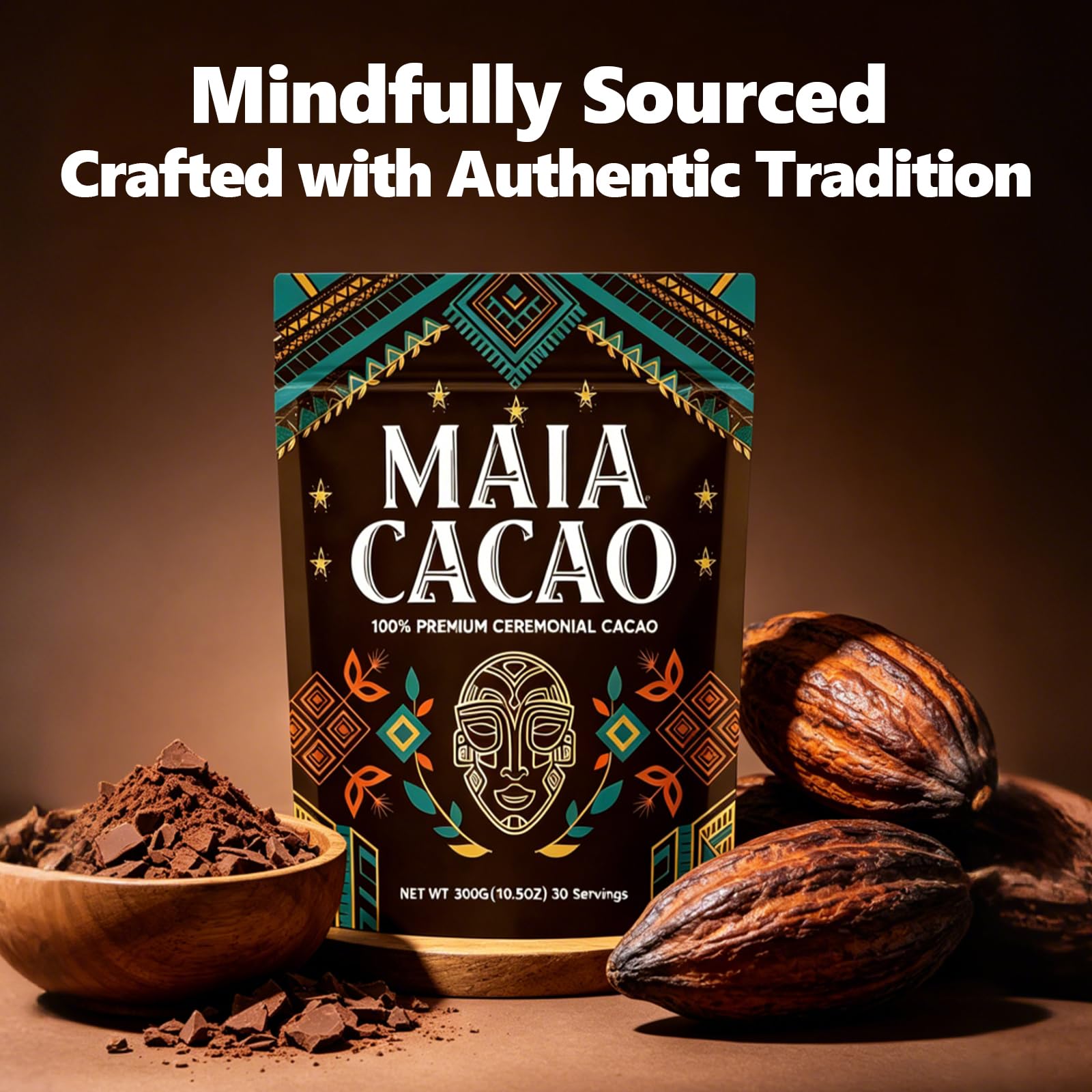 MAIA CACAO powder close-up texture showing fine, velvety cacao and rich antioxidant benefit