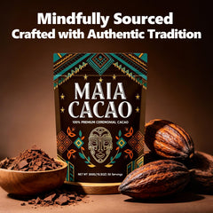 MAIA CACAO powder close-up texture showing fine, velvety cacao and rich antioxidant benefit
