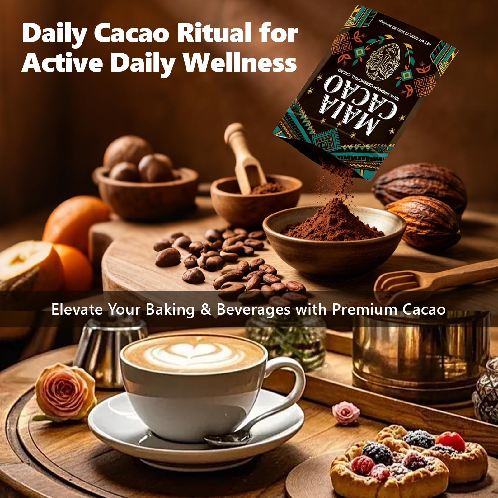 MAIA CACAO measured on wooden spoon to show serving size and easy portioning benefit