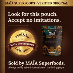 Maïa Superfoods cacao scooped on spoon showing fine texture and ease of use