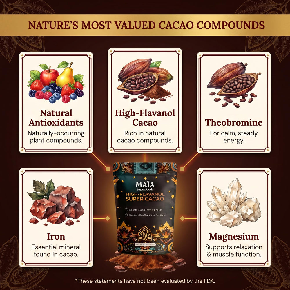 MAÏA SUPERFOODS raw cacao beans in hand, showing origins and bean‑to‑powder connection