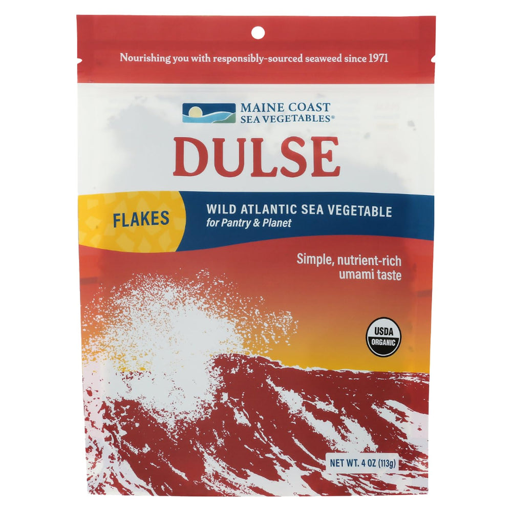 Maine Coast Sea Vegetables front packaging showing 4 oz jar and organic seal for quick identification and trust