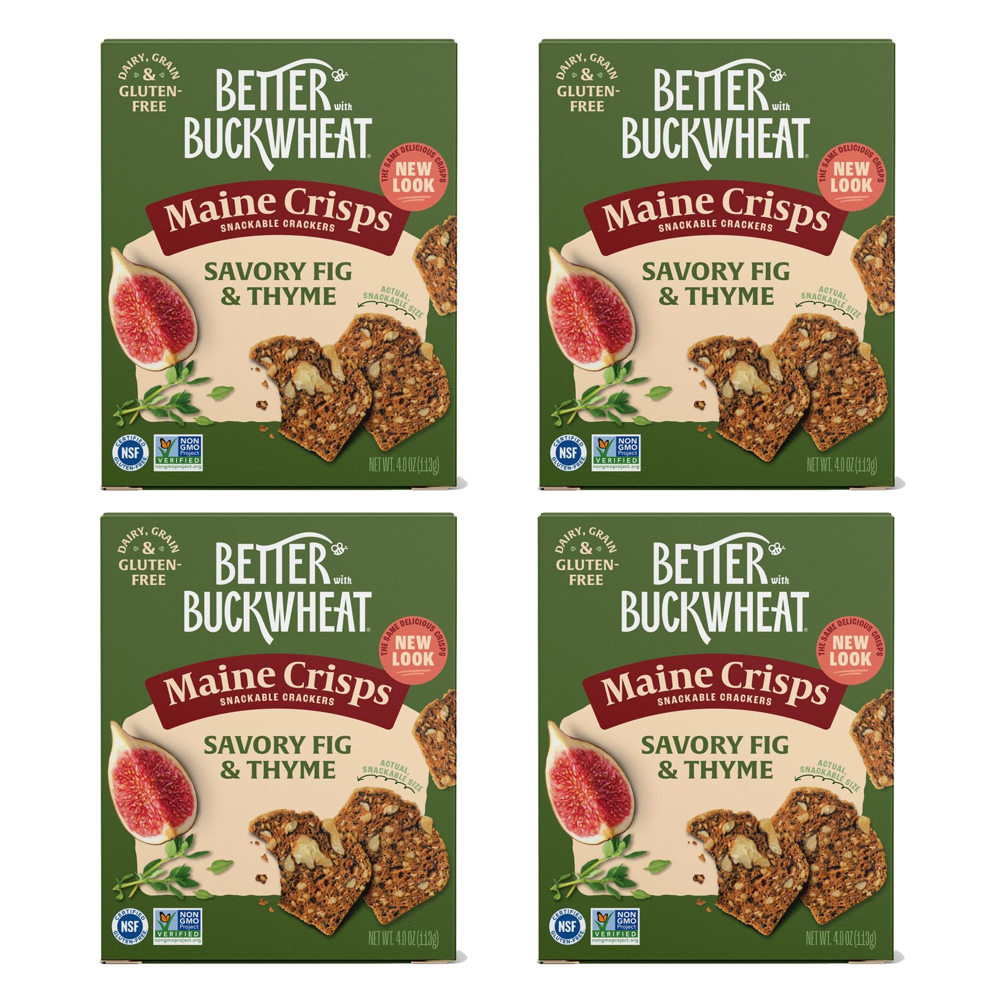Maine Crisp front packaging showing fig and thyme flavor, premium snack appeal