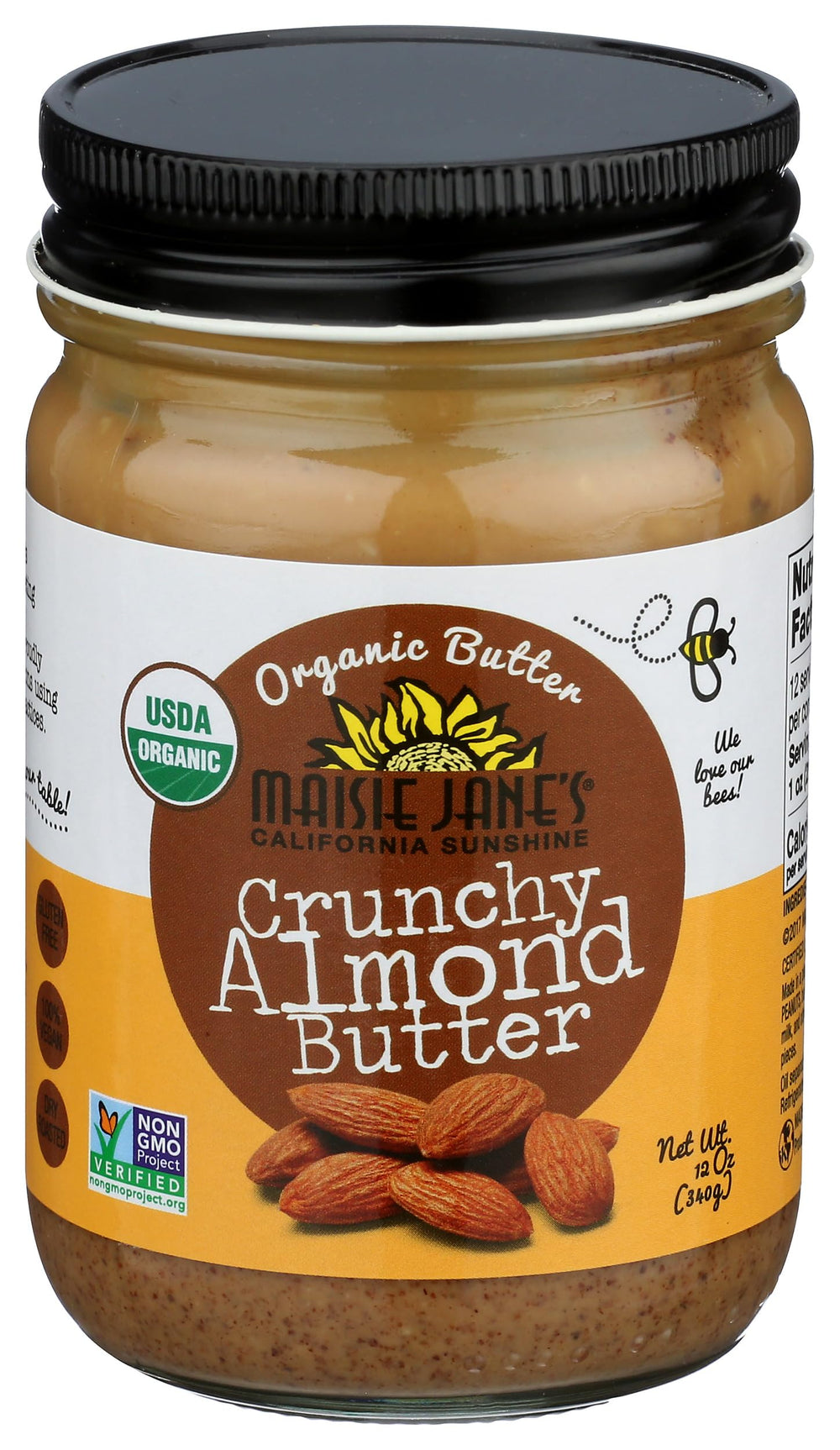 Maisie Jane's front jar shot showing brand and crunchy almond butter benefit