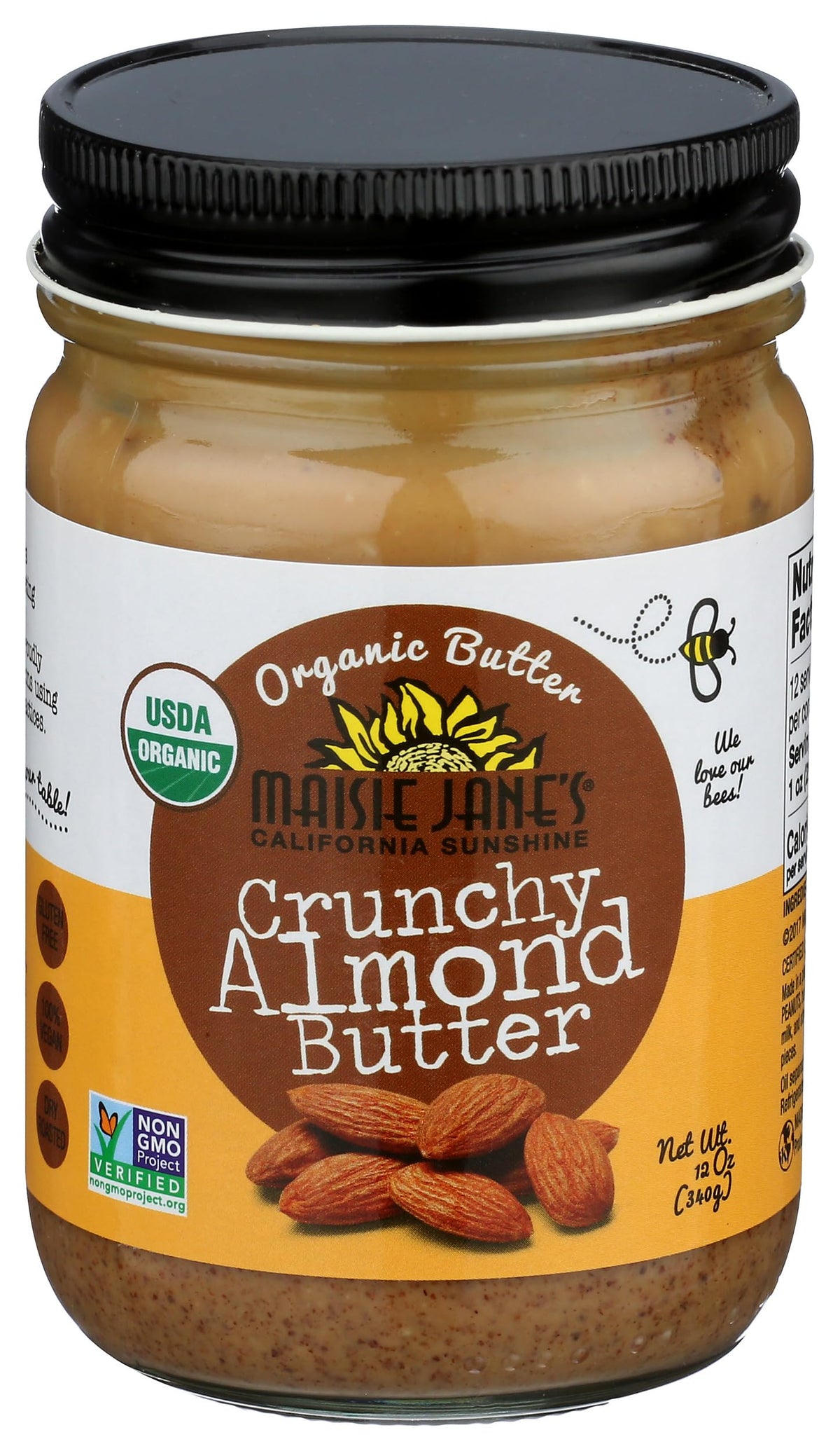 Maisie Jane's front jar shot showing brand and crunchy almond butter benefit