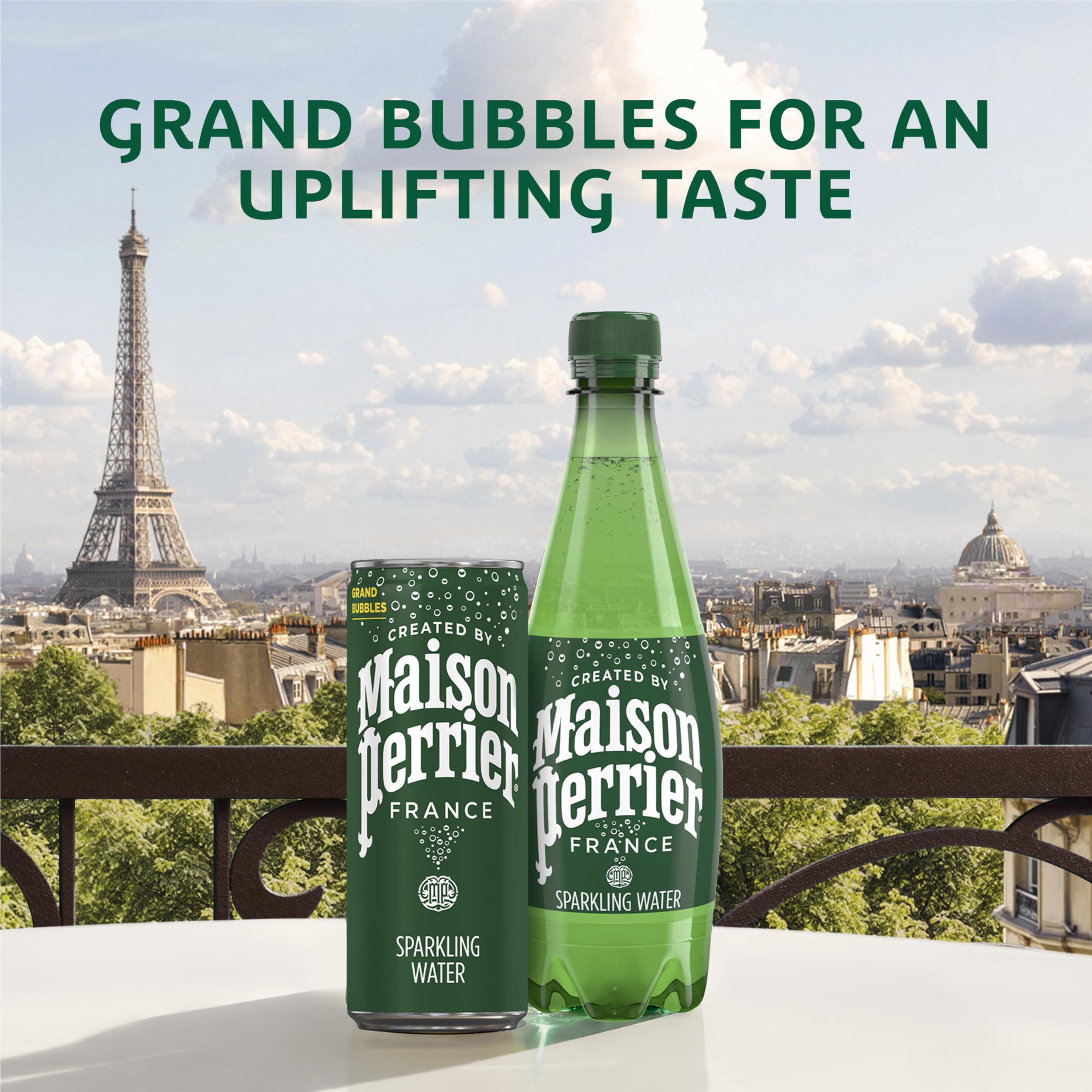 Maison Perrier bottle close-up label highlighting French origin and quality